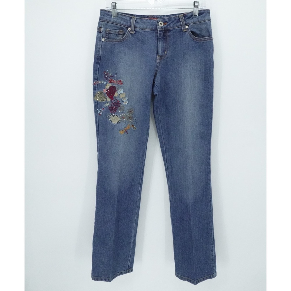 BoomBoom Jeans‎ Womens 30 Blue Straight Leg Floral Embroidered Denim Y2K